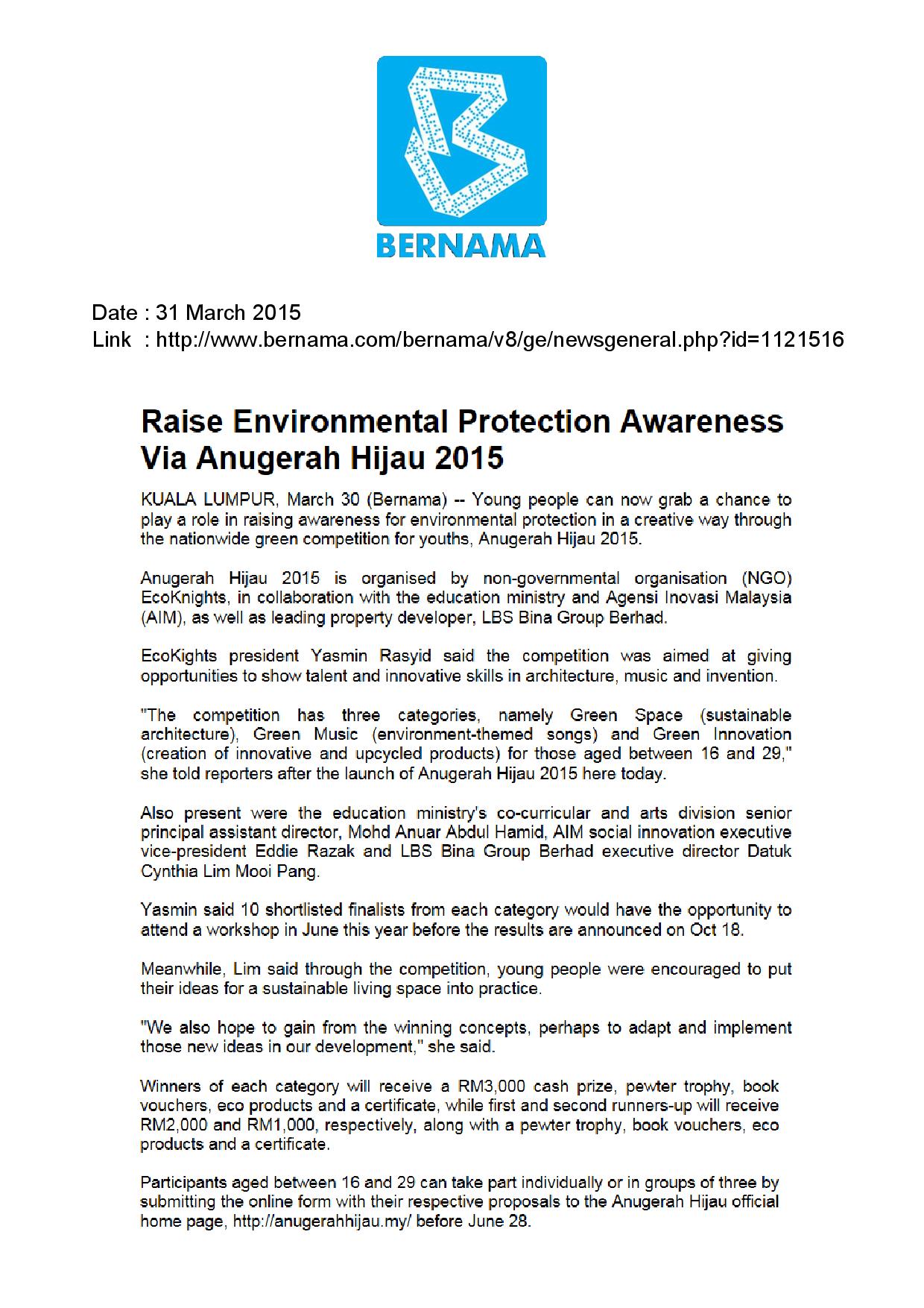 2015.03.31 Bernama Online -Raise Environmental Protection Awarness Via Anugerah Hijau 2015