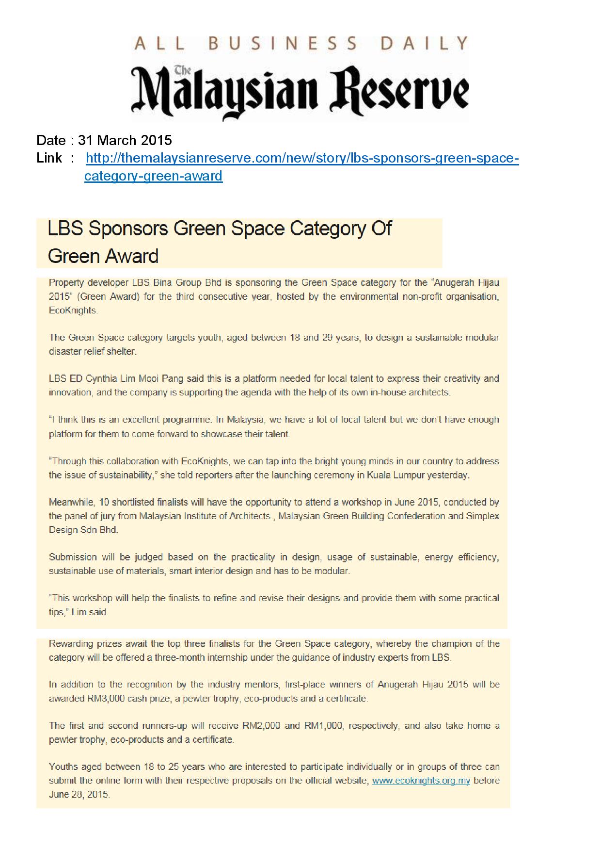 2015.03.31 Malaysian Reserve Online – LBS Sponsors Green Space Category of Green Award