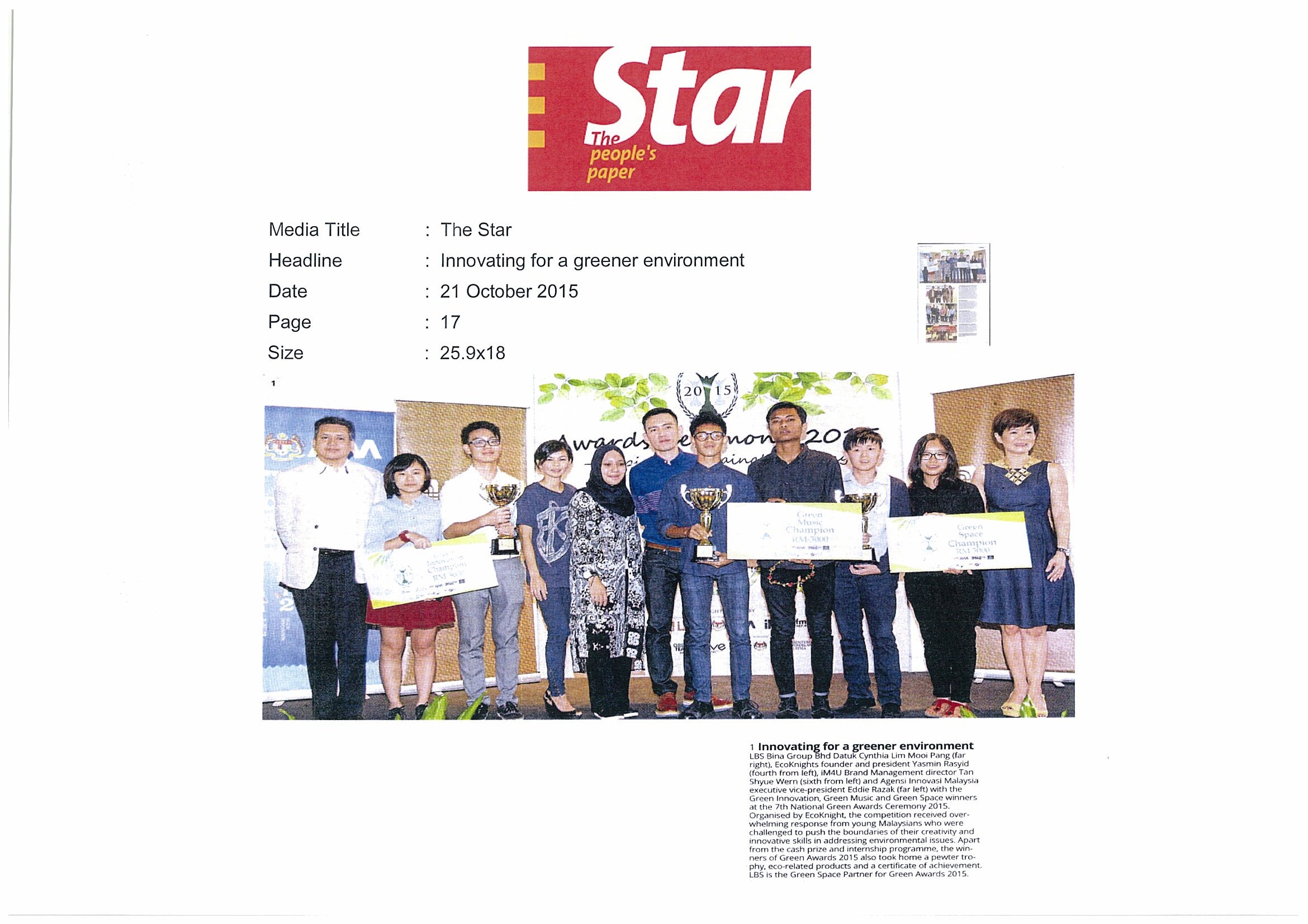 2015.10.21 The Star – Innovating for a greener environment