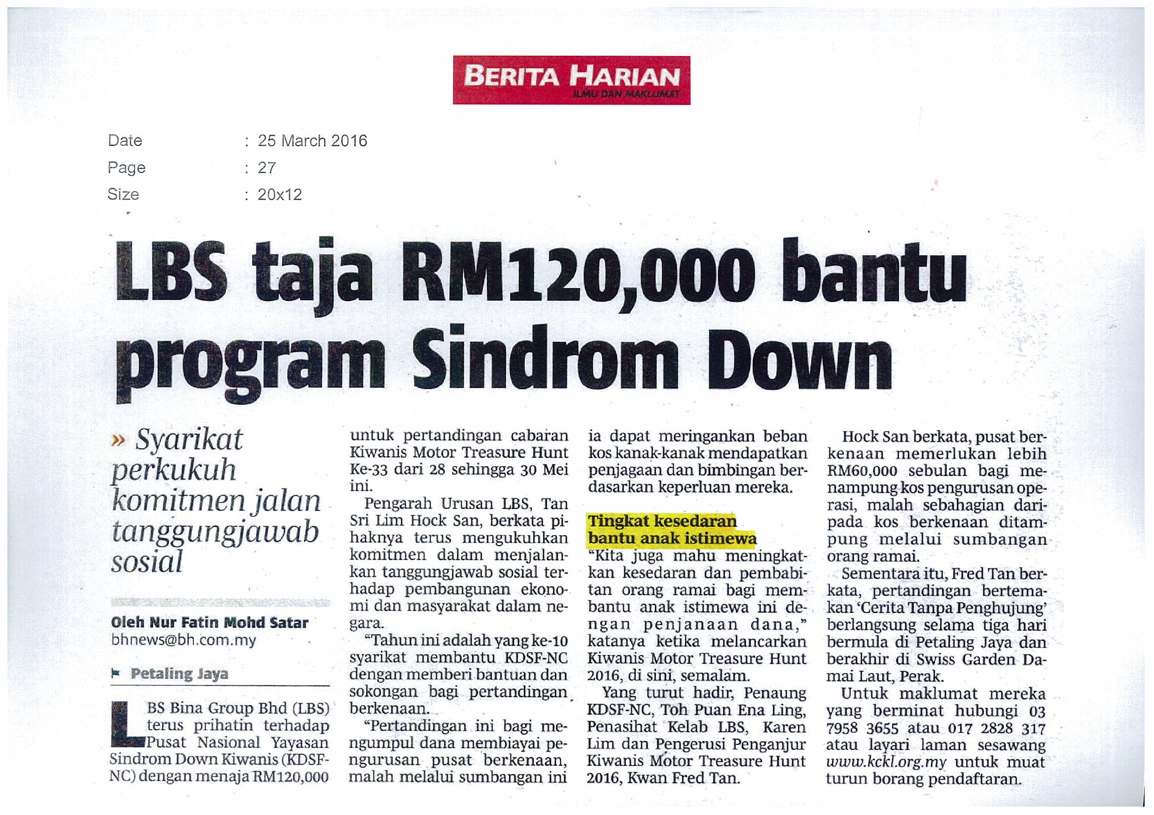 2016.03.25 Berita Harian – LBS taja RM120,000 bantu program Sindrom Down