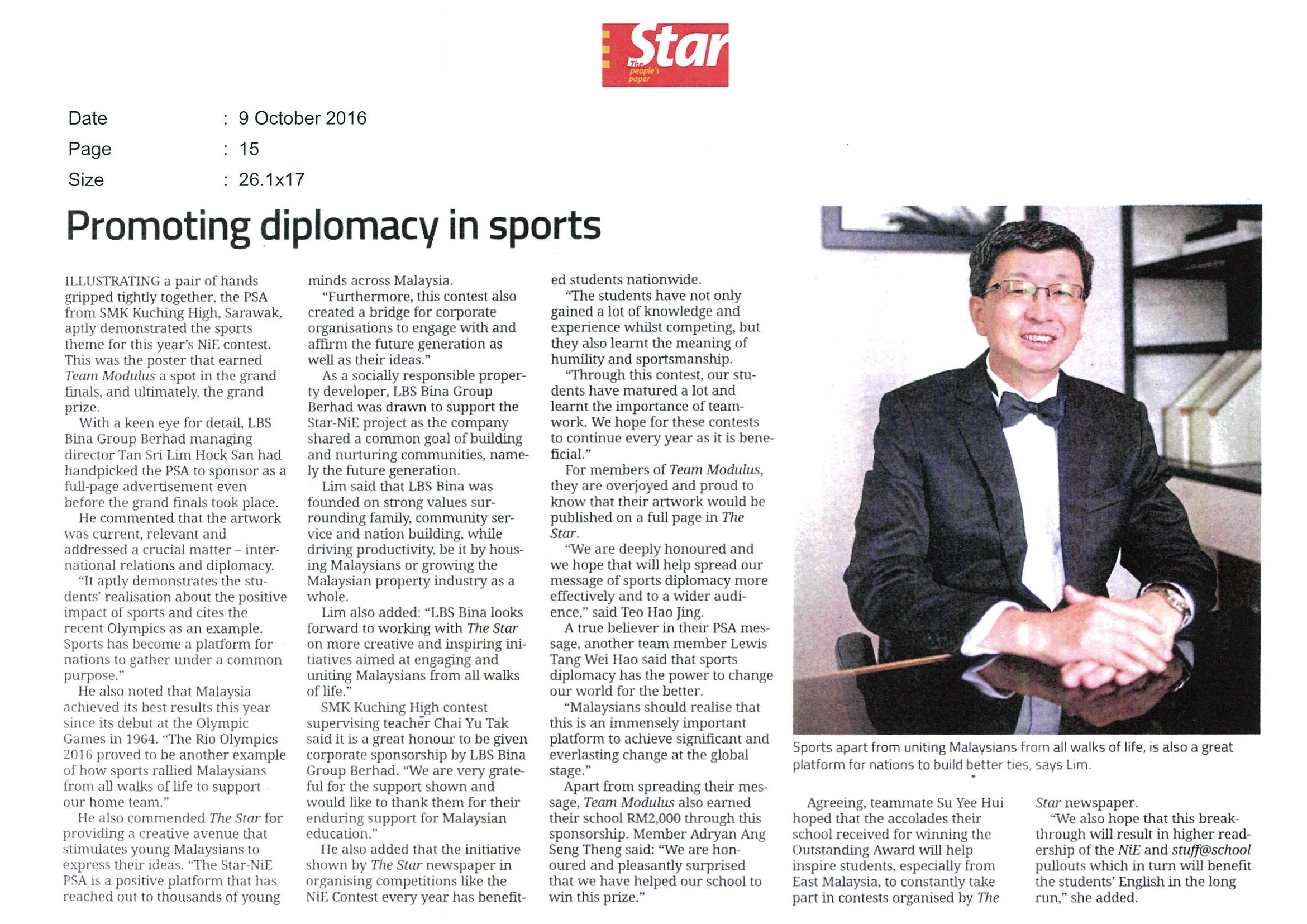 2016.10.09 The Star – Promoting diplomacy in sports