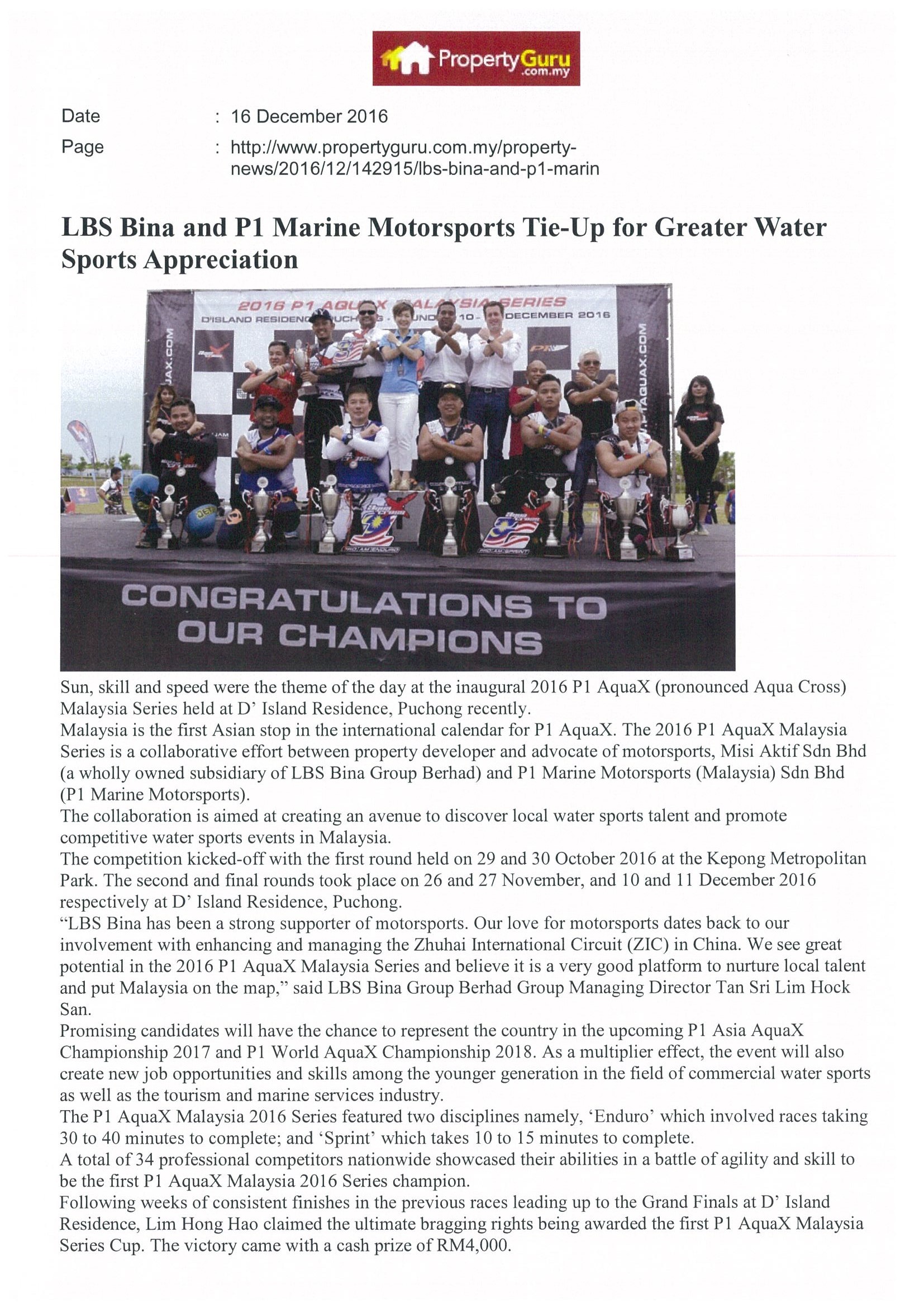 2016.12.16 Propertyguru.com Online – LBS Bina and P1 Marine Motorsports Tie-Up for Greater Water Sports Appreciation