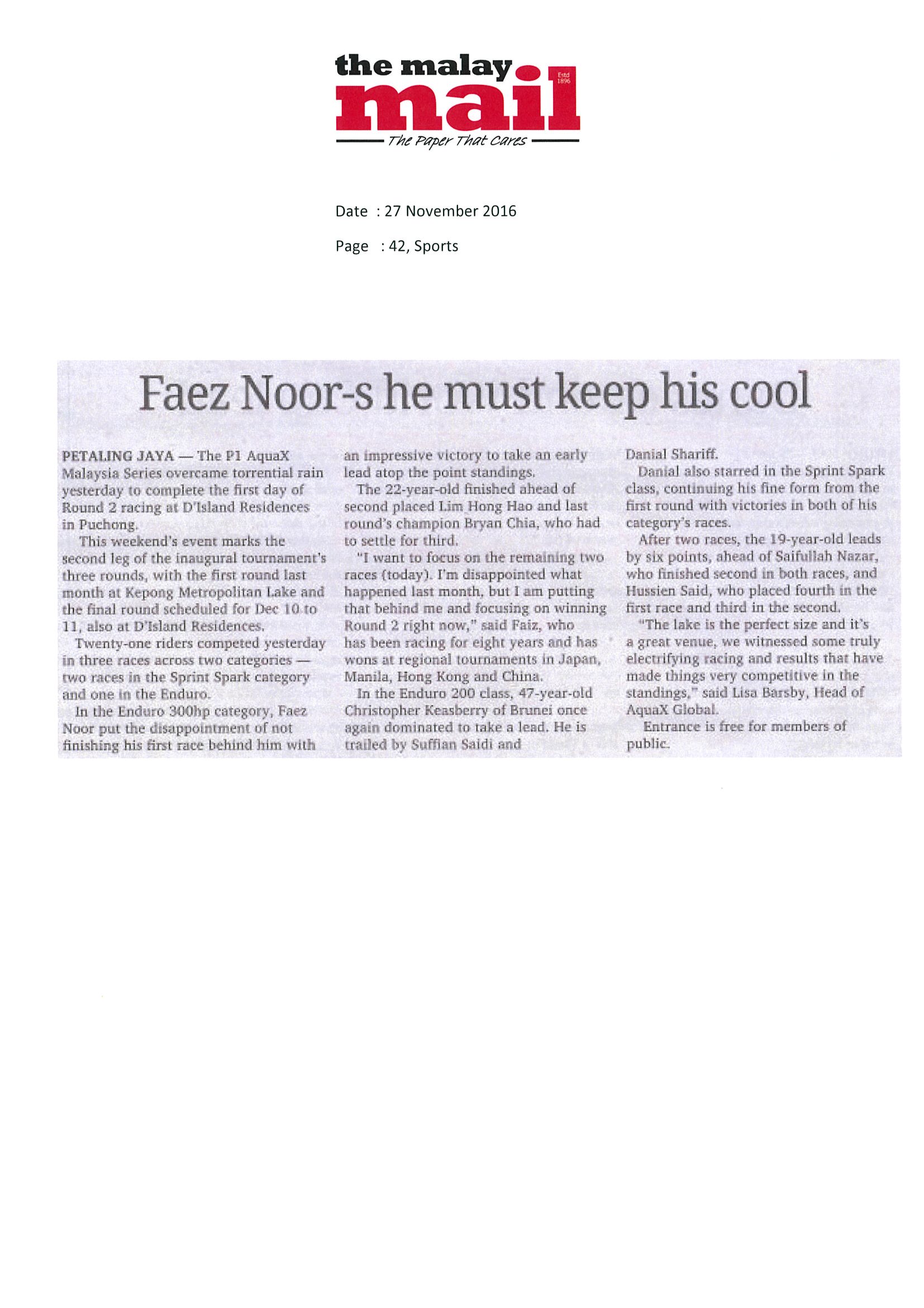 2016.12.27 Malay Mail – Faez Noor-s he must keep his cool