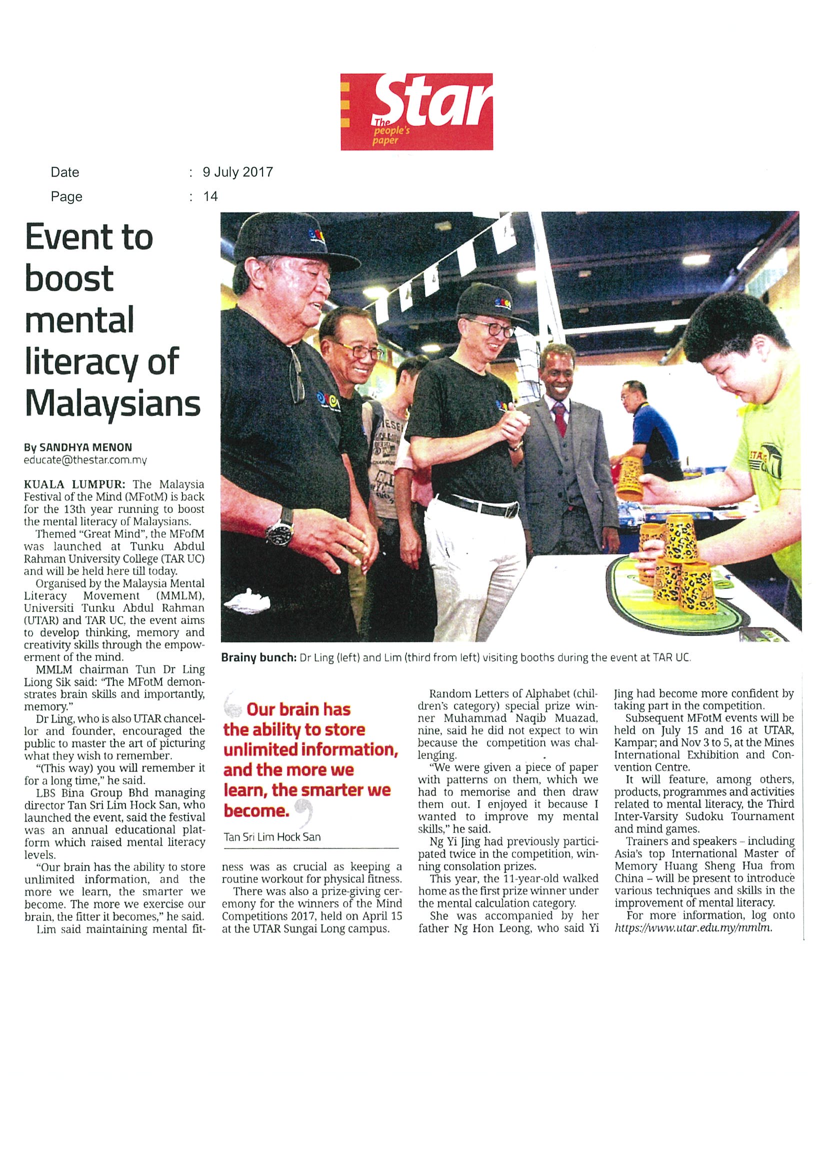 2017.07.09 The Star – Event to boost mental literacy of Malaysians