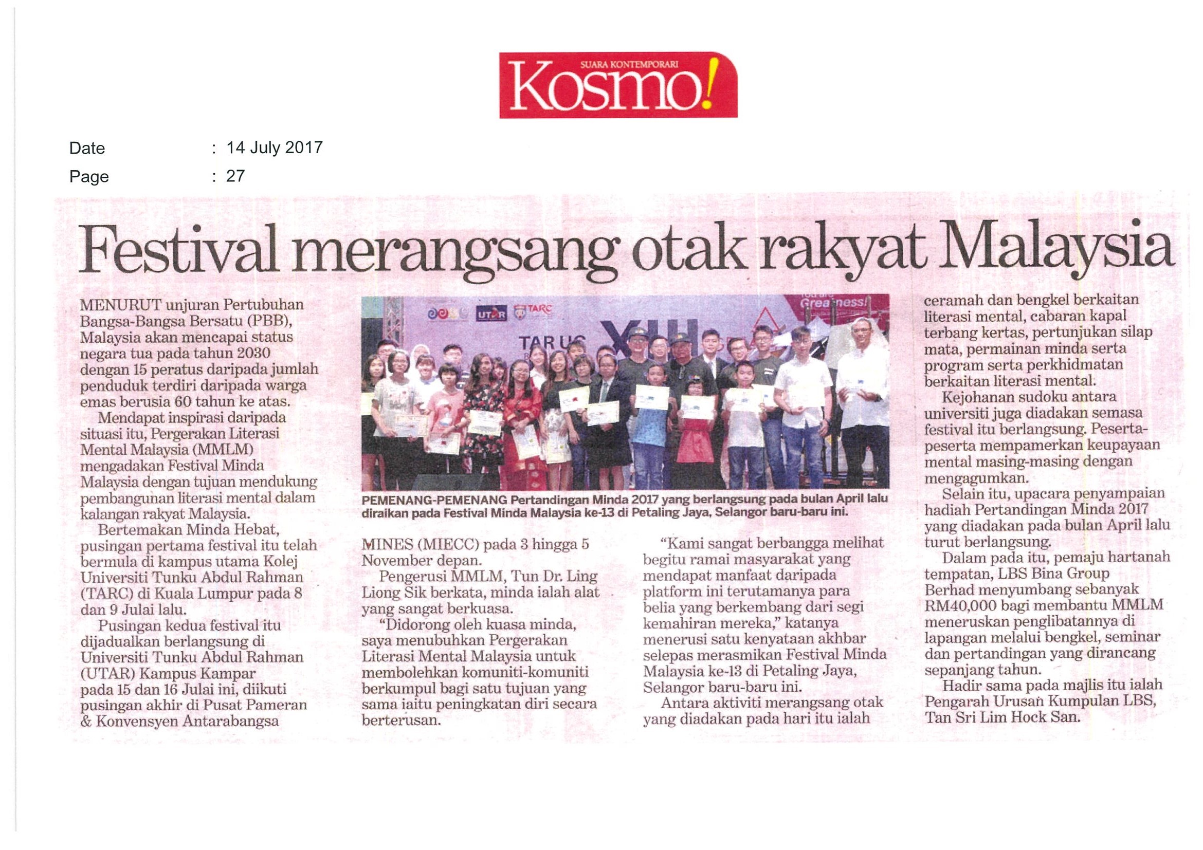 2017.07.14 Kosmo – Festival merangsang otak rakyat Malaysia