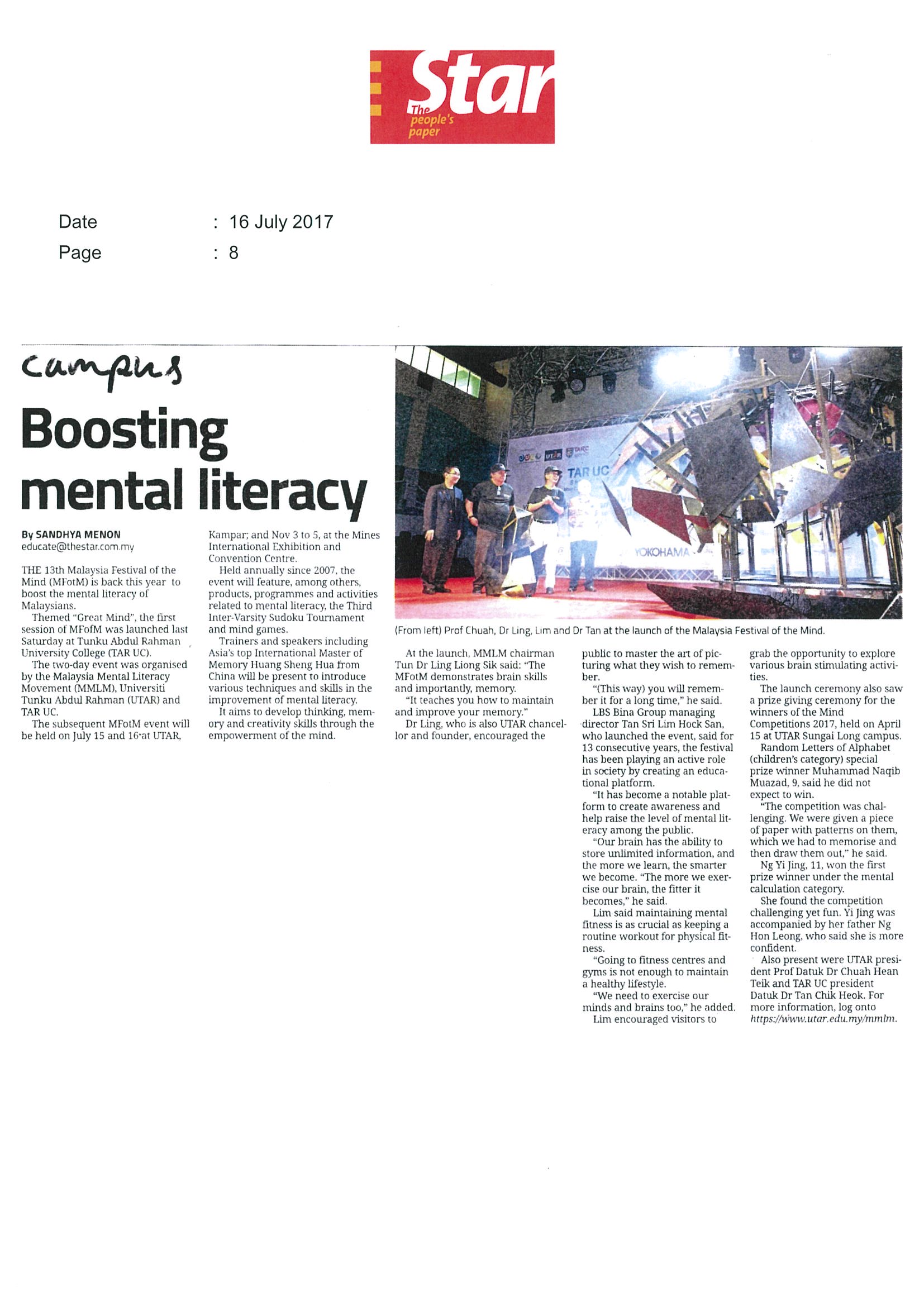 2017.07.16 The Star – Boosting mental literacy