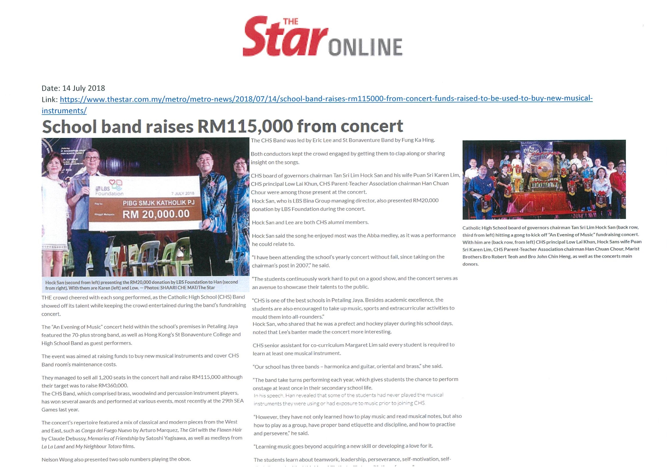 2018.07.14 The Star Online – School band raises RM115,000 from concert