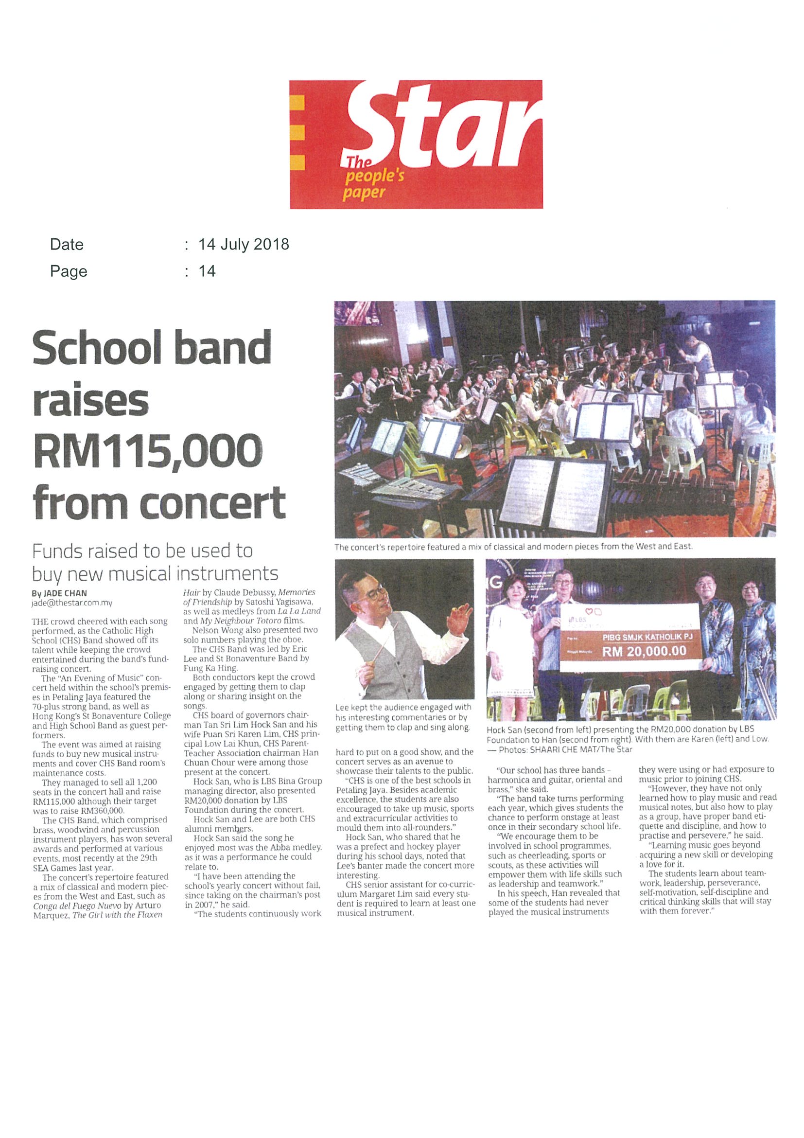 2018.07.14 The Star – School band raises RM115, 000 from concert