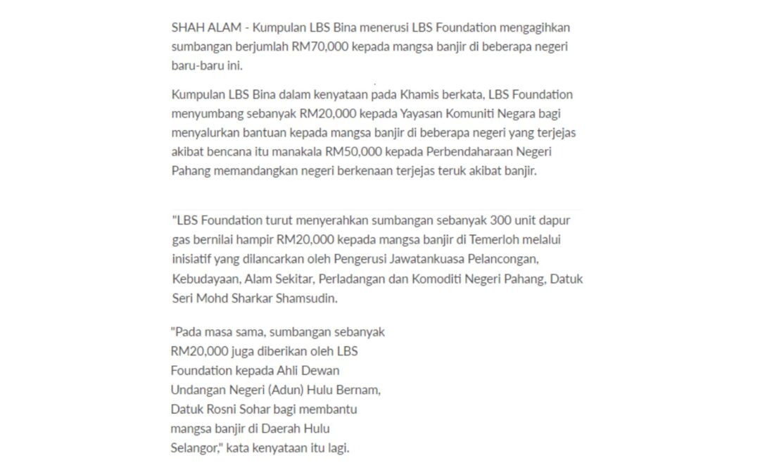 2021.02.04 Sinar Harian Online – LBS Foundation bantu ringankan beban mangsa banjir
